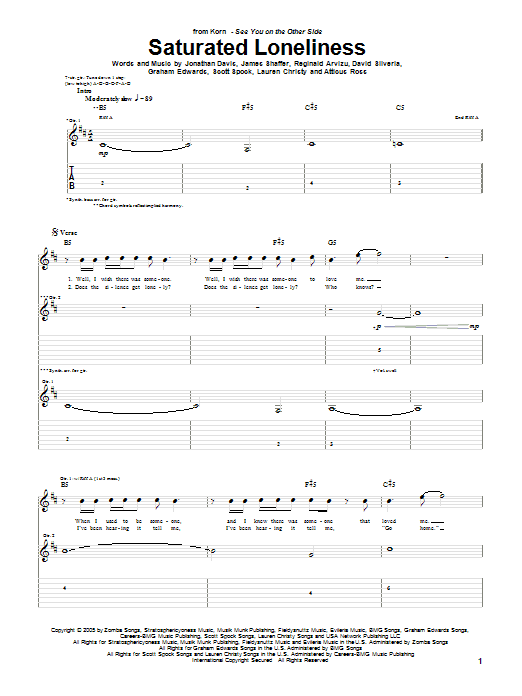 Korn Saturated Loneliness sheet music notes and chords arranged for Guitar Tab