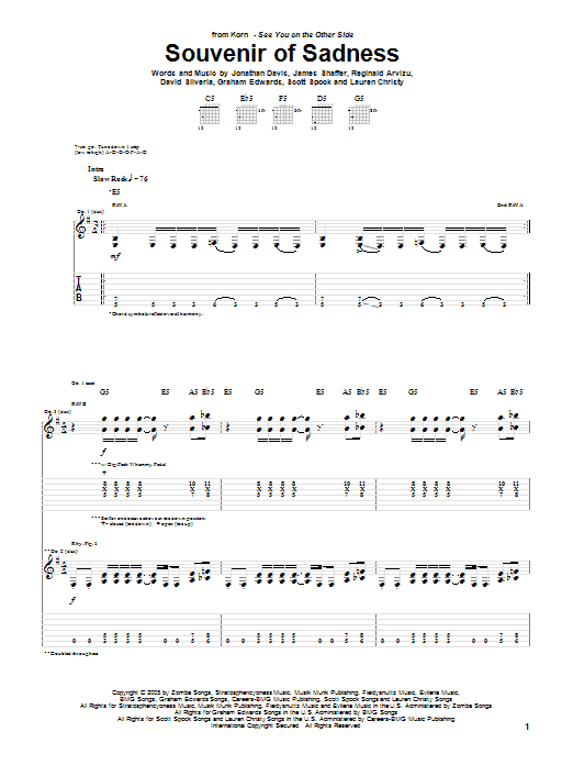 Korn Souvenir Of Sadness sheet music notes and chords arranged for Guitar Tab