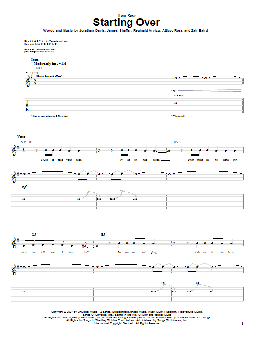 Korn Starting Over sheet music notes and chords arranged for Guitar Tab