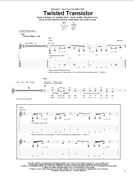Korn Twisted Transistor sheet music notes and chords arranged for Guitar Tab