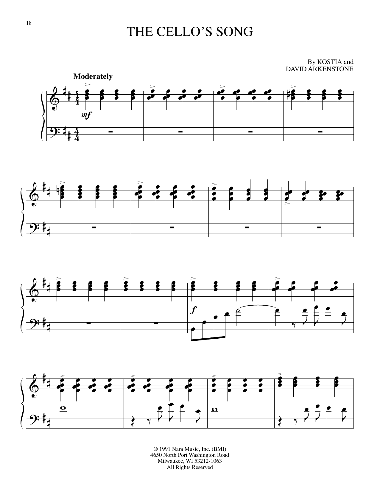 Kostia and David Arkenstone The Cello's Song sheet music notes and chords arranged for Piano Solo