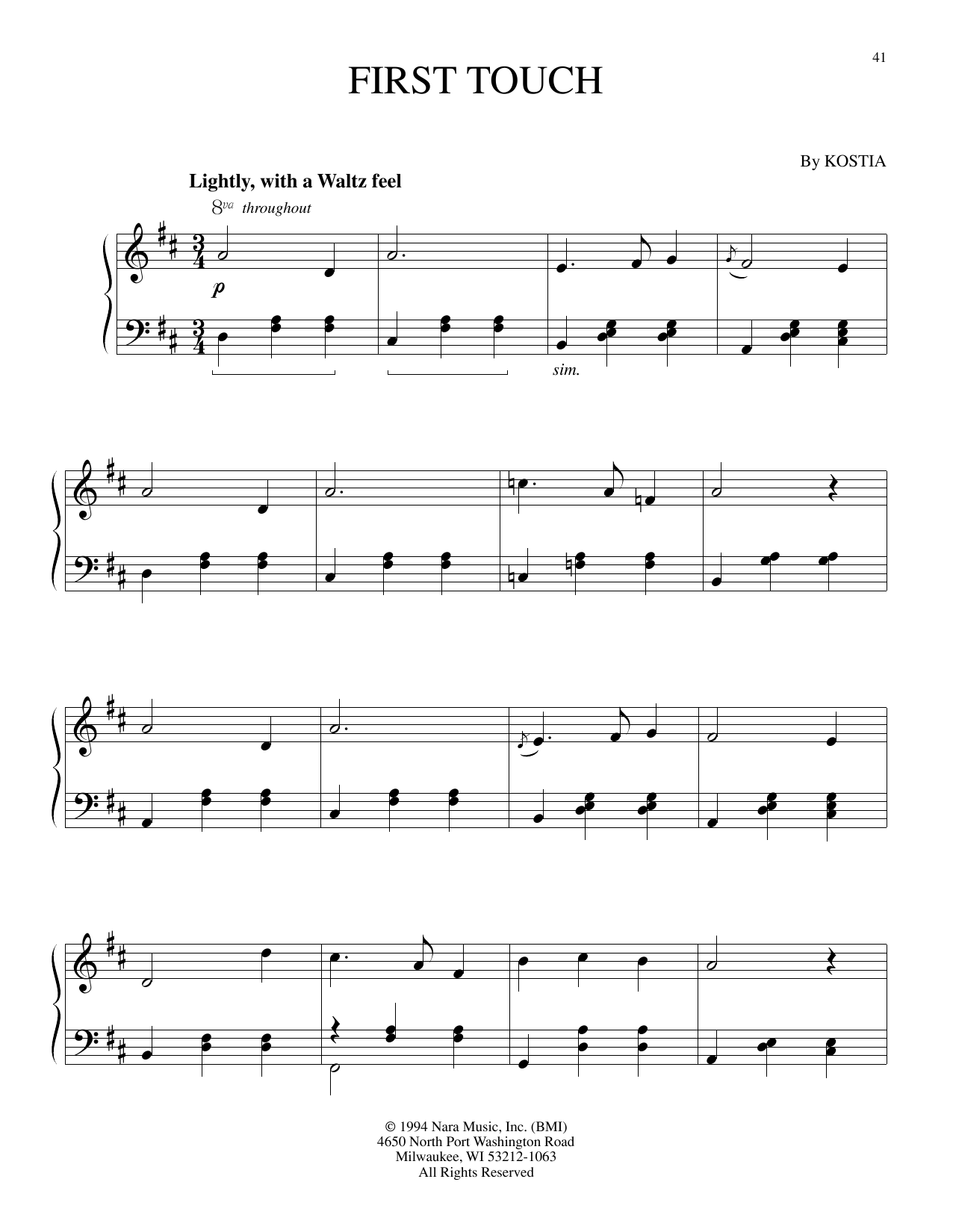 Kostia First Touch sheet music notes and chords arranged for Piano Solo