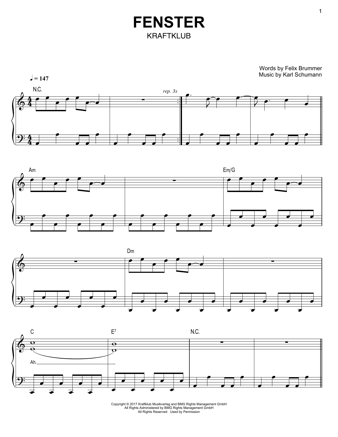 Kraftklub Fenster sheet music notes and chords arranged for Easy Piano