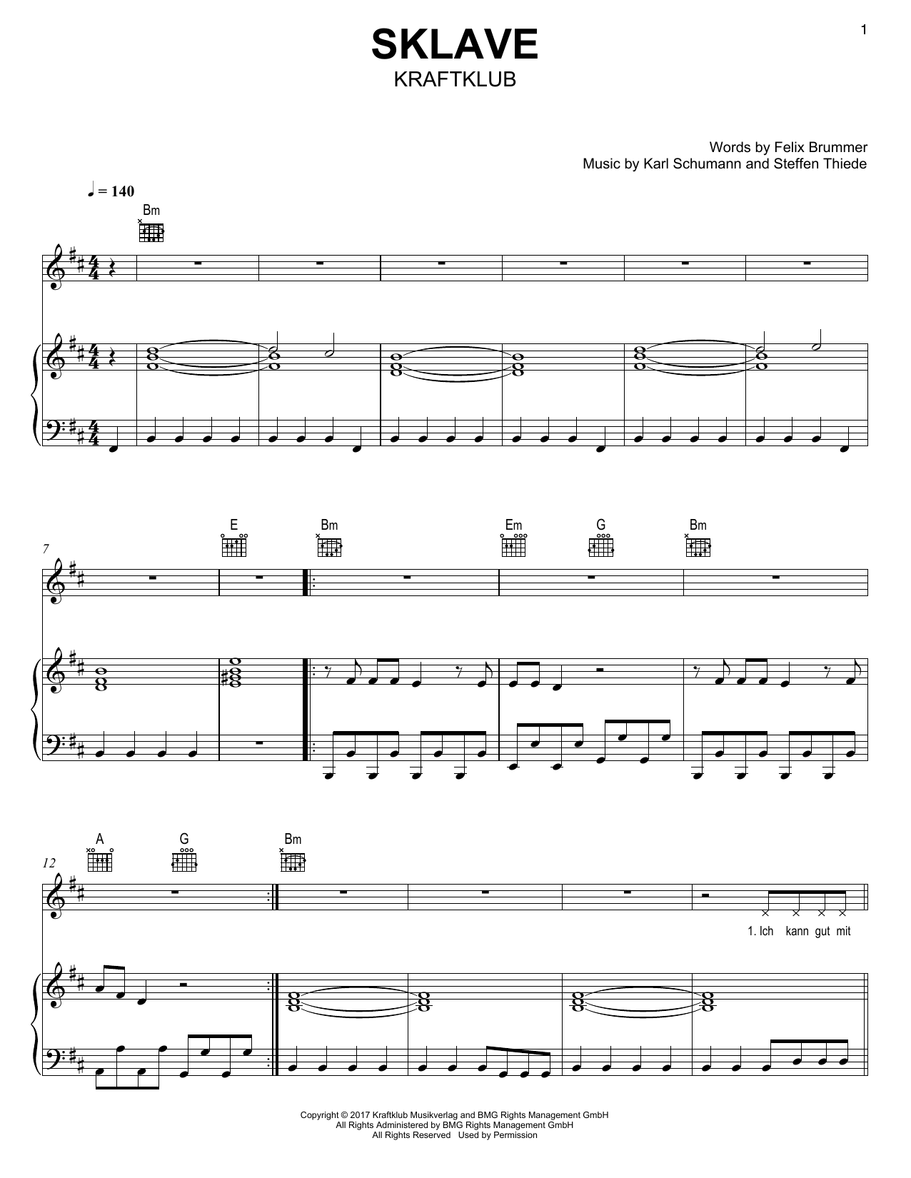Kraftklub Sklave sheet music notes and chords arranged for Piano, Vocal & Guitar Chords (Right-Hand Melody)
