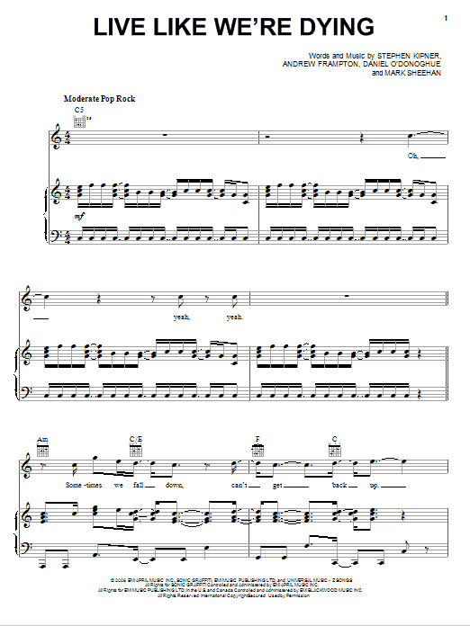 Kris Allen Live Like We're Dying sheet music notes and chords arranged for Piano, Vocal & Guitar Chords (Right-Hand Melody)