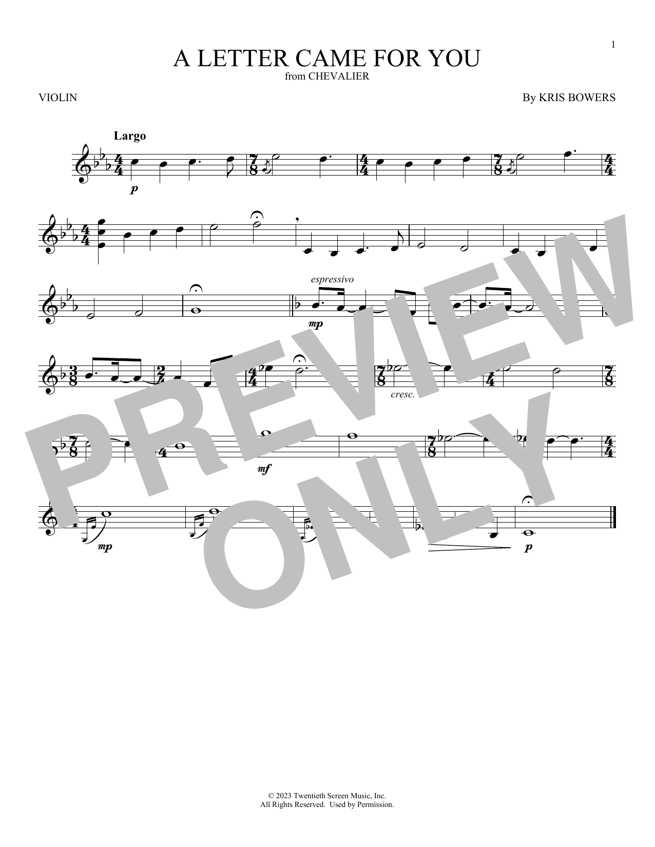 Kris Bowers A Letter Came For You (from Chevalier) sheet music notes and chords arranged for Violin Solo