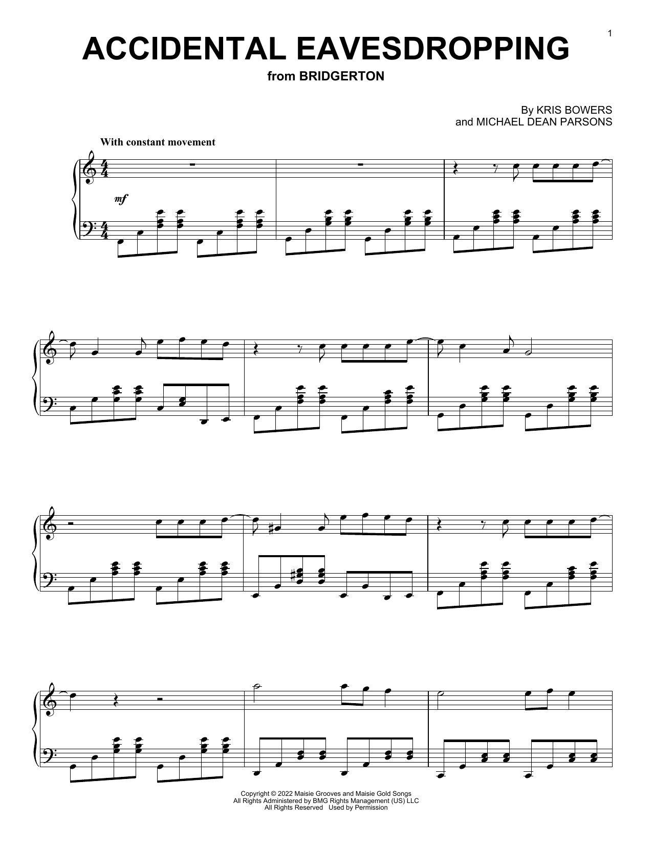 Kris Bowers Accidental Eavesdropping (from the Netflix series Bridgerton) sheet music notes and chords arranged for Piano Solo