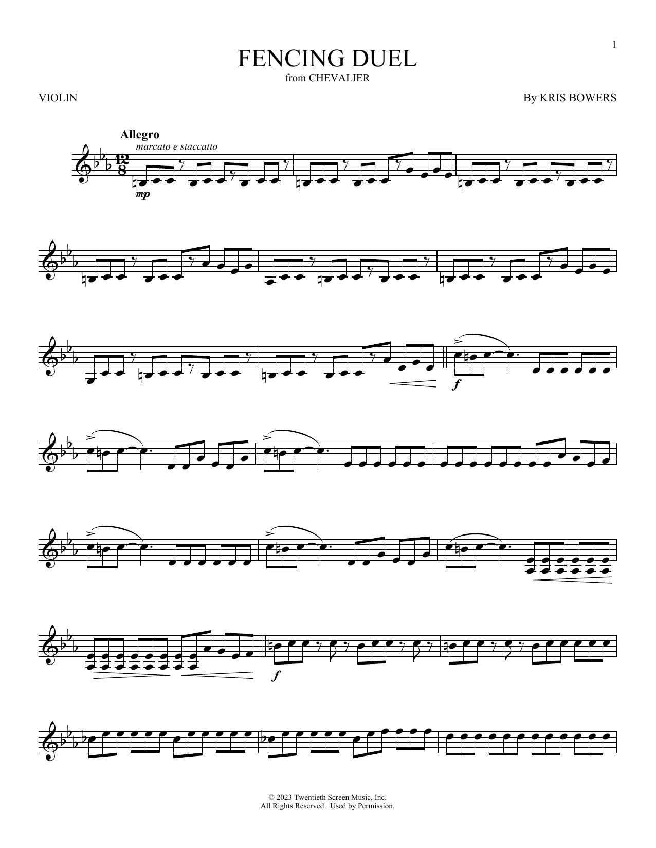Kris Bowers Fencing Duel (from Chevalier) sheet music notes and chords arranged for Violin Solo