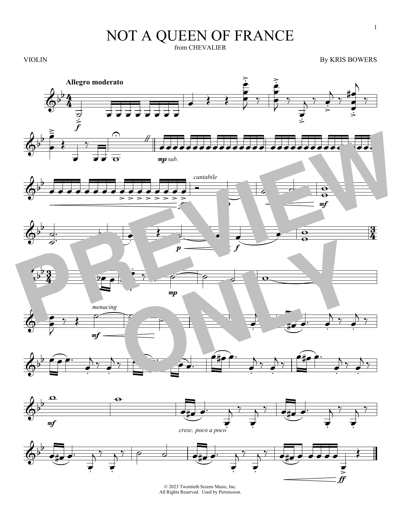 Kris Bowers Not A Queen Of France (from Chevalier) sheet music notes and chords arranged for Violin Solo