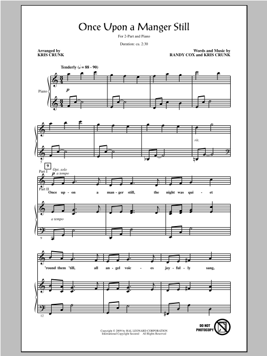 Kris Crunk Once Upon A Manger Still sheet music notes and chords arranged for 2-Part Choir