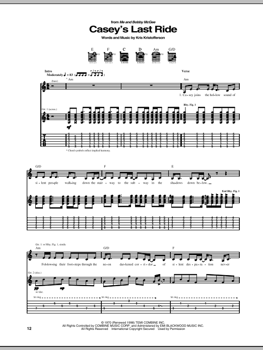 Kris Kristofferson Casey's Last Ride sheet music notes and chords arranged for Guitar Tab