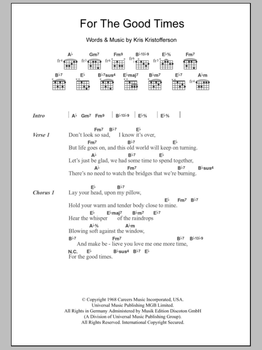Kris Kristofferson For The Good Times sheet music notes and chords arranged for Lead Sheet / Fake Book