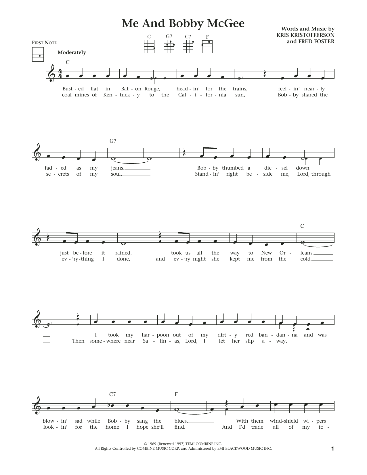 Kris Kristofferson Me And Bobby McGee (from The Daily Ukulele) (arr. Liz and Jim Beloff) sheet music notes and chords arranged for Ukulele