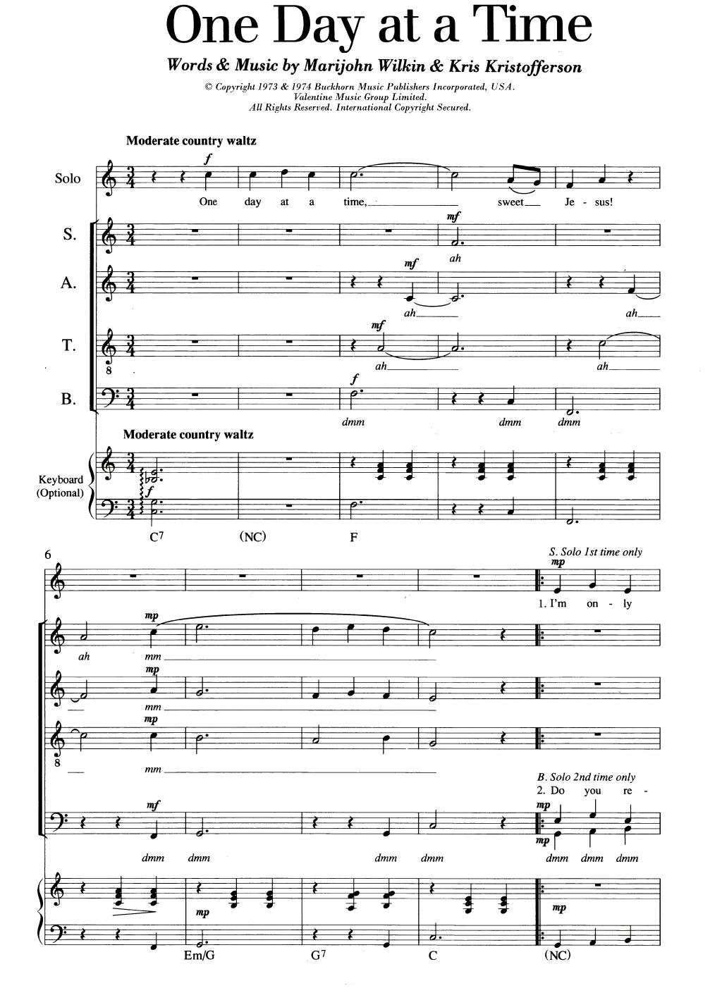 Kris Kristofferson One Day At A Time sheet music notes and chords arranged for Choir