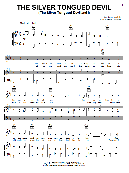 Kris Kristofferson The Silver Tongued Devil (The Silver Tongued Devil And I) sheet music notes and chords arranged for Piano, Vocal & Guitar Chords (Right-Hand Melody)