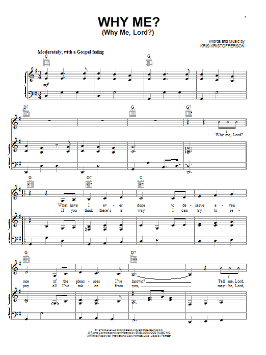 Kris Kristofferson Why Me? (Why Me, Lord?) sheet music notes and chords arranged for Piano, Vocal & Guitar Chords (Right-Hand Melody)