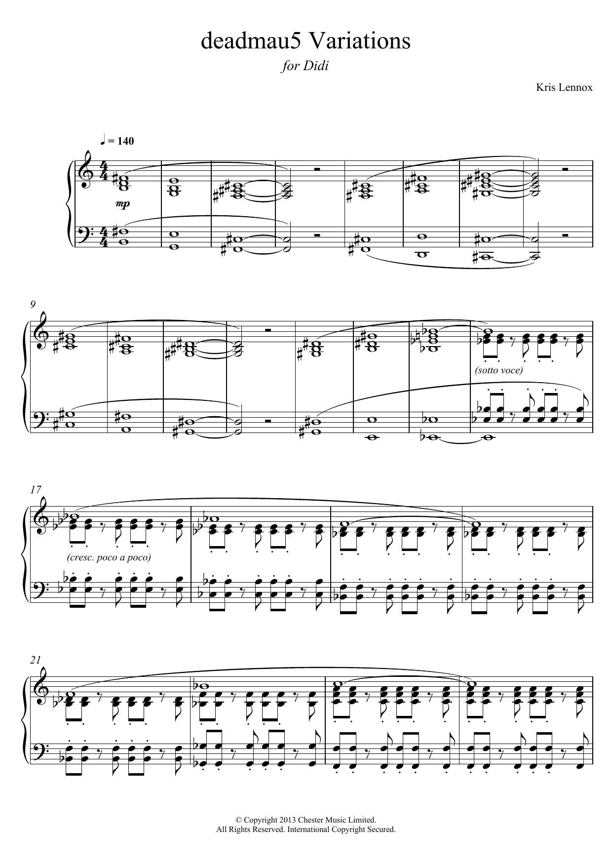 Kris Lennox Deadmau5 Variations sheet music notes and chords arranged for Piano Solo