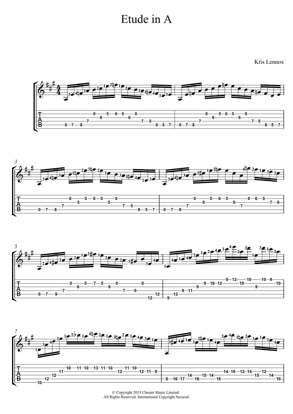 Kris Lennox Etude In A sheet music notes and chords arranged for Guitar Tab