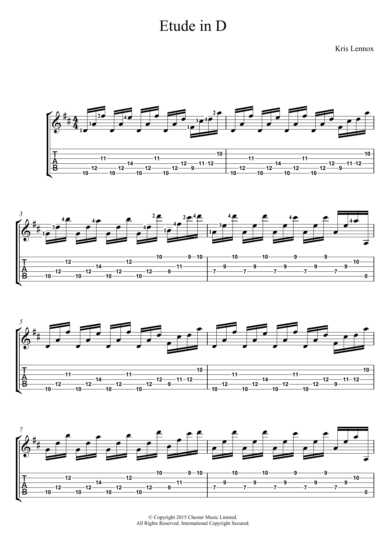 Kris Lennox Etude In D sheet music notes and chords arranged for Guitar Tab