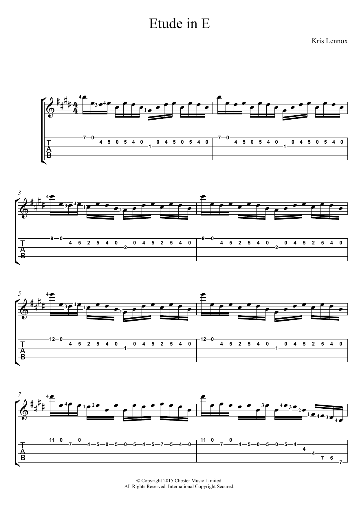 Kris Lennox Etude In E sheet music notes and chords arranged for Guitar Tab