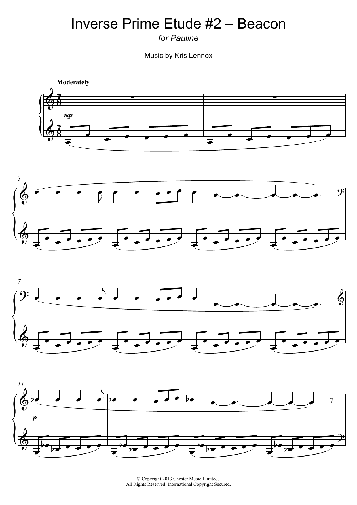 Kris Lennox Inverse Prime Etude #2 - Beacon sheet music notes and chords arranged for Piano Solo