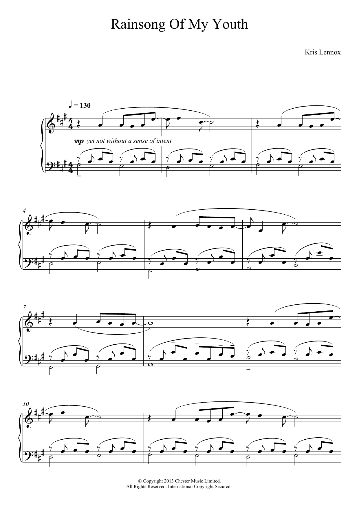 Kris Lennox Rainsong Of My Youth sheet music notes and chords arranged for Piano Solo