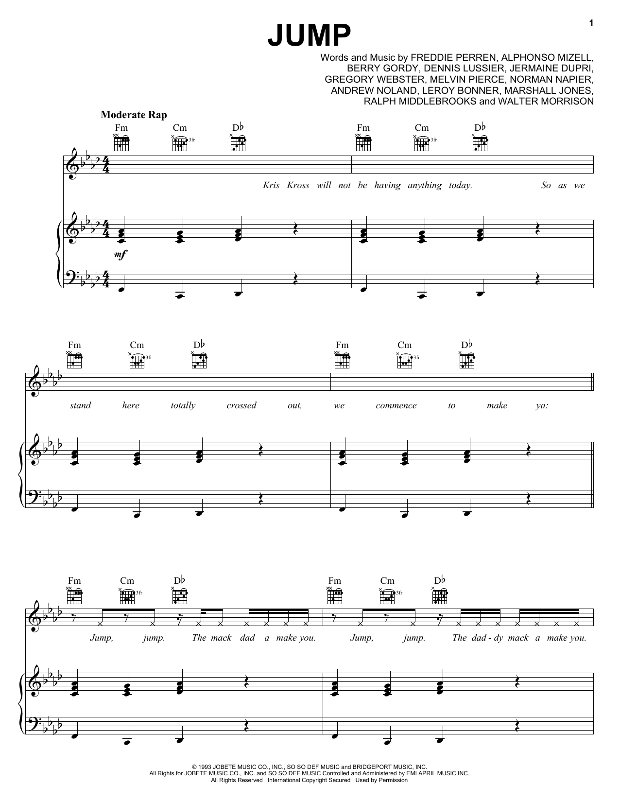 Kriss Kross Jump sheet music notes and chords arranged for Piano, Vocal & Guitar Chords (Right-Hand Melody)