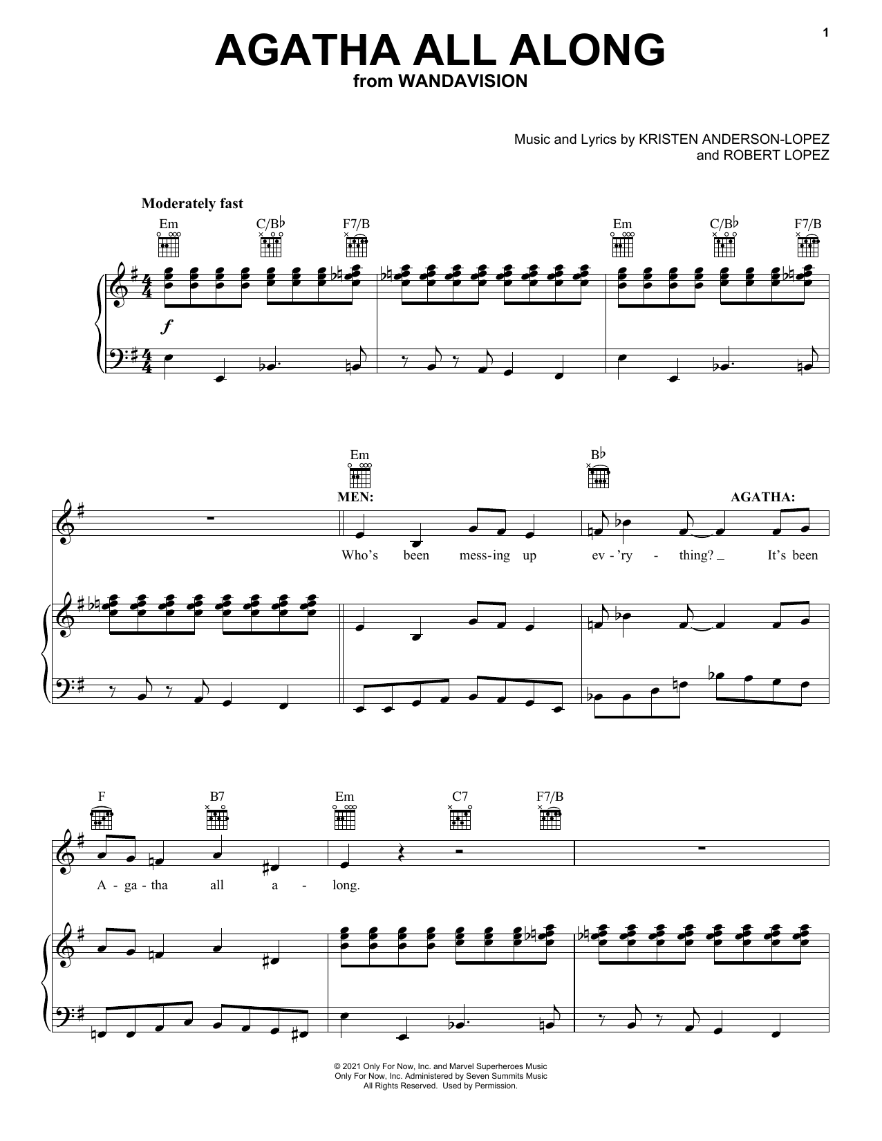 Kristen Anderson-Lopez & Robert Lopez Agatha All Along (from WandaVision) sheet music notes and chords arranged for Piano, Vocal & Guitar Chords (Right-Hand Melody)