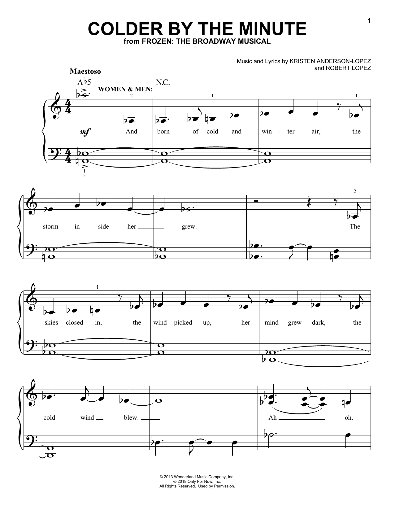 Kristen Anderson-Lopez & Robert Lopez Colder By The Minute (from Frozen: The Broadway Musical) sheet music notes and chords arranged for Easy Piano