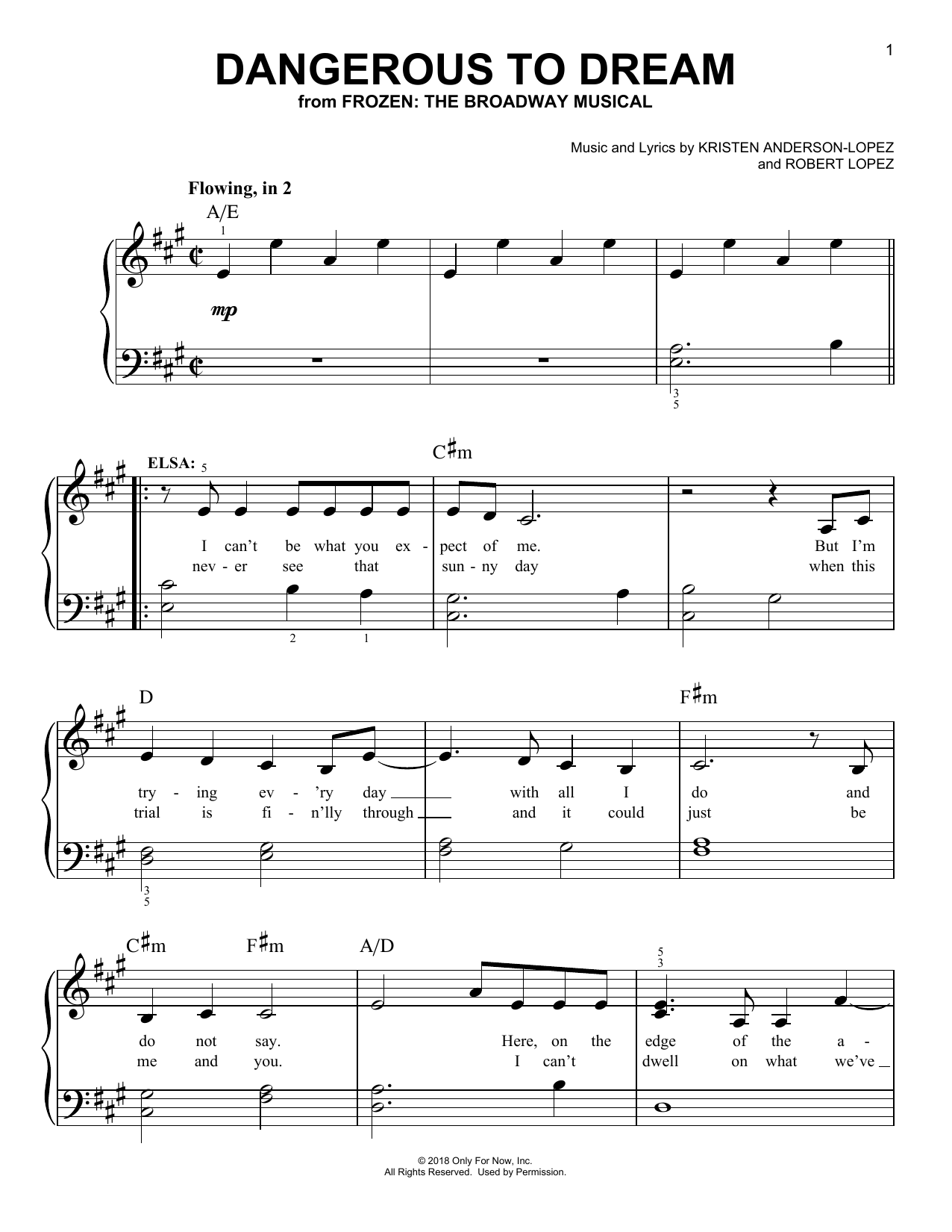 Kristen Anderson-Lopez & Robert Lopez Dangerous To Dream (from Frozen: The Broadway Musical) sheet music notes and chords arranged for Easy Piano
