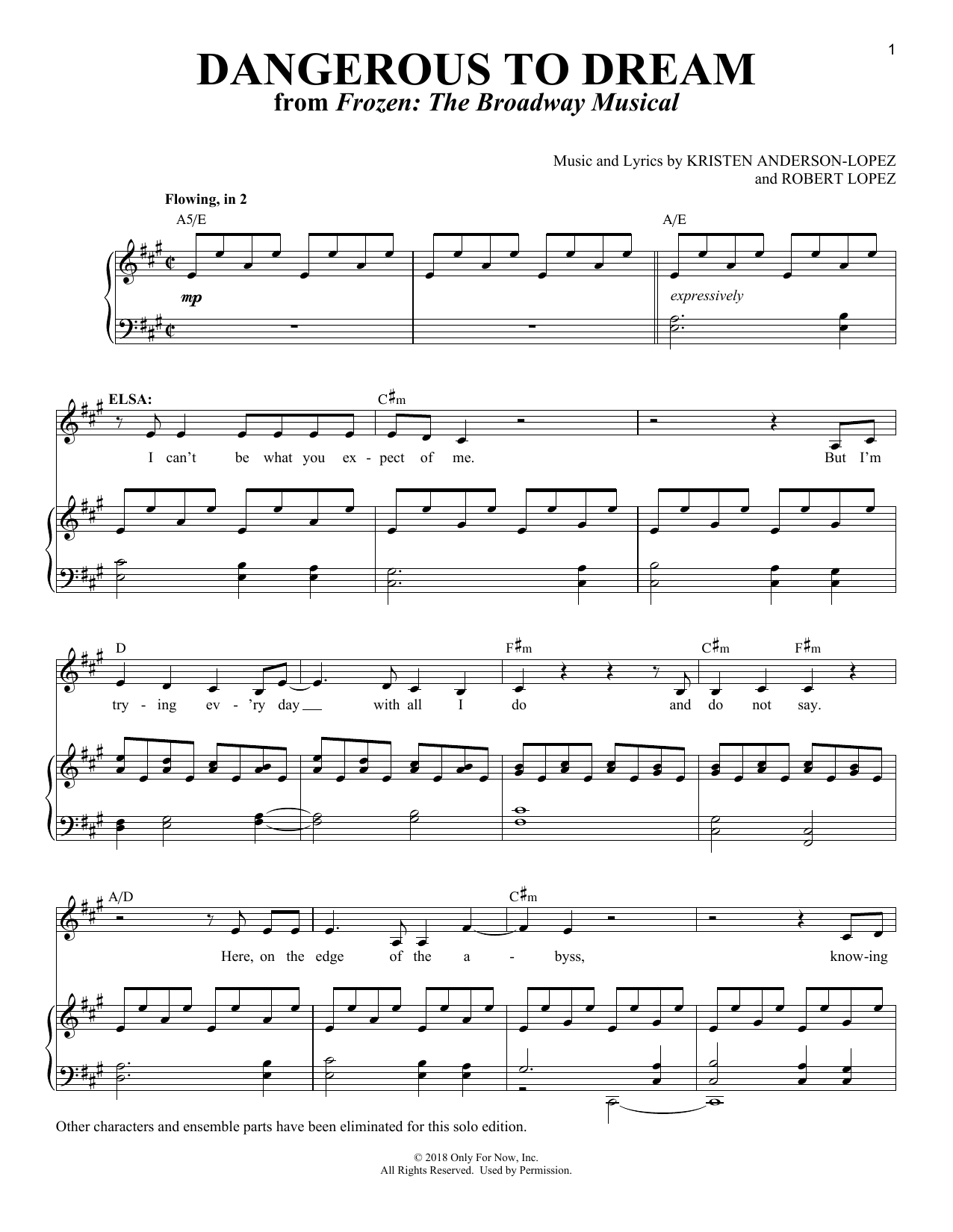 Kristen Anderson-Lopez & Robert Lopez Dangerous To Dream [Solo version] (from Frozen: The Broadway Musical) sheet music notes and chords arranged for Piano & Vocal