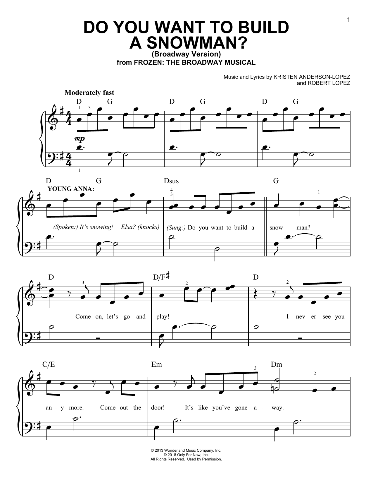 Kristen Anderson-Lopez & Robert Lopez Do You Want To Build A Snowman? (from Frozen: The Broadway Musical) sheet music notes and chords arranged for Easy Piano