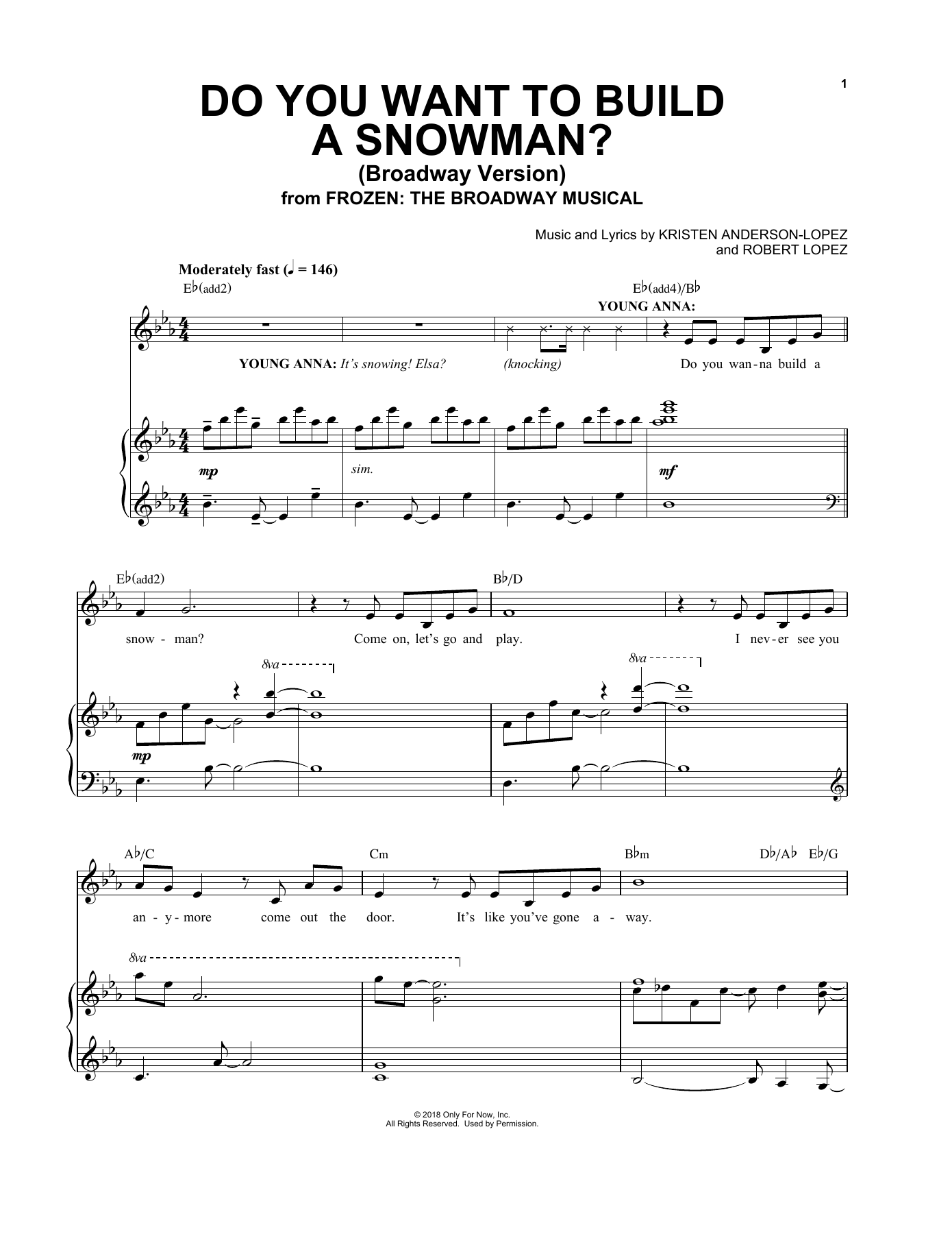 Kristen Anderson-Lopez & Robert Lopez Do You Want To Build A Snowman? (from Frozen: The Broadway Musical) sheet music notes and chords arranged for Piano, Vocal & Guitar Chords (Right-Hand Melody)