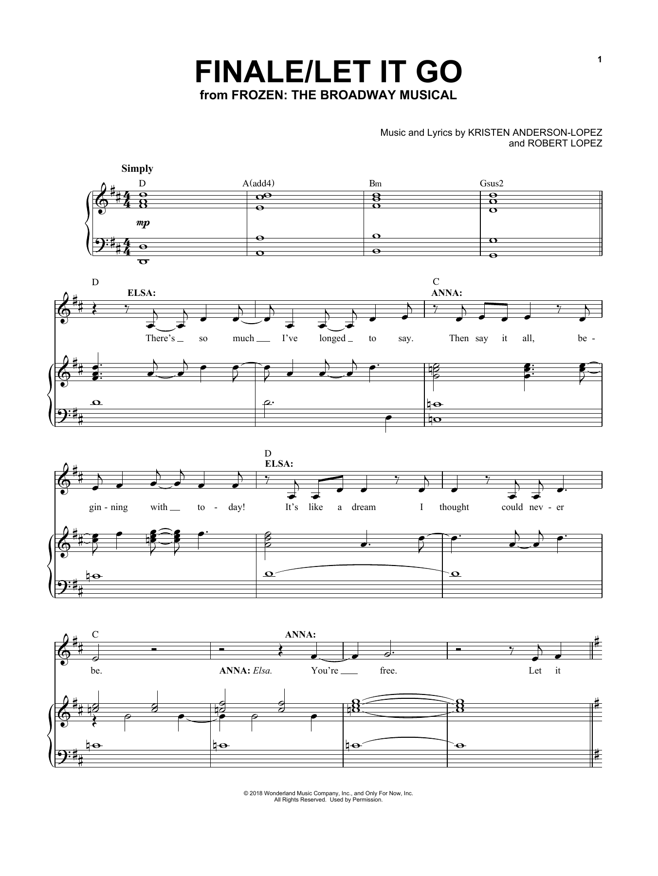 Kristen Anderson-Lopez & Robert Lopez Finale / Let It Go (from Frozen: The Broadway Musical) sheet music notes and chords arranged for Piano & Vocal