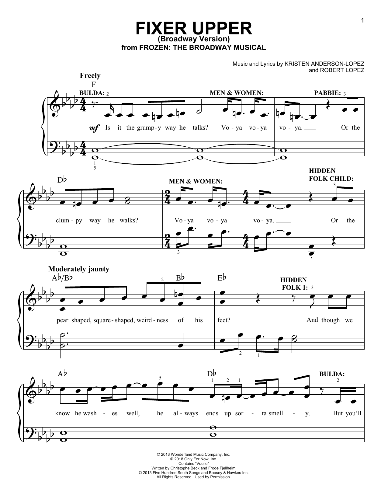 Kristen Anderson-Lopez & Robert Lopez Fixer Upper (from Frozen: The Broadway Musical) sheet music notes and chords arranged for Piano, Vocal & Guitar Chords (Right-Hand Melody)