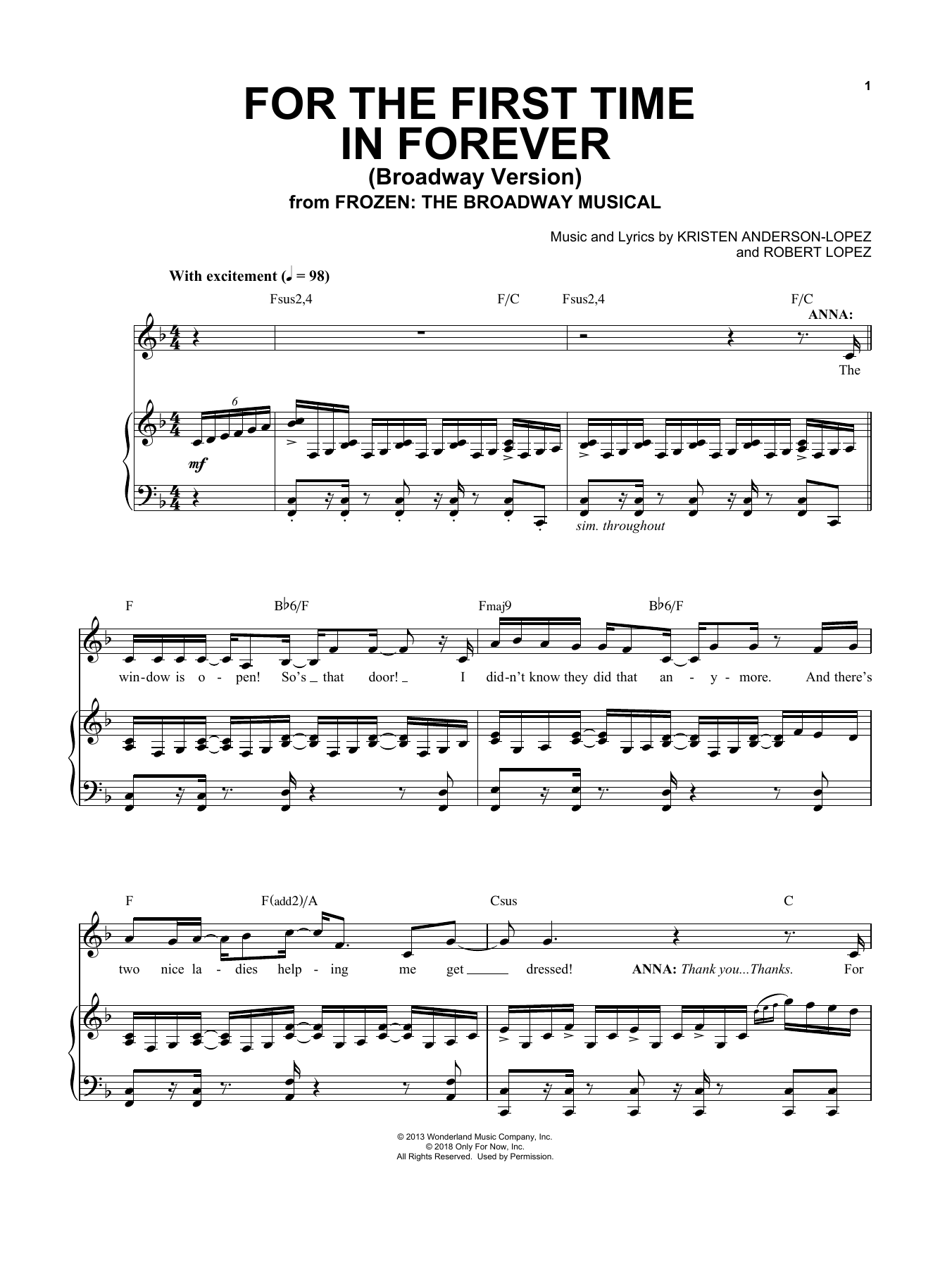 Kristen Anderson-Lopez & Robert Lopez For The First Time In Forever (from Frozen: The Broadway Musical) sheet music notes and chords arranged for Easy Piano