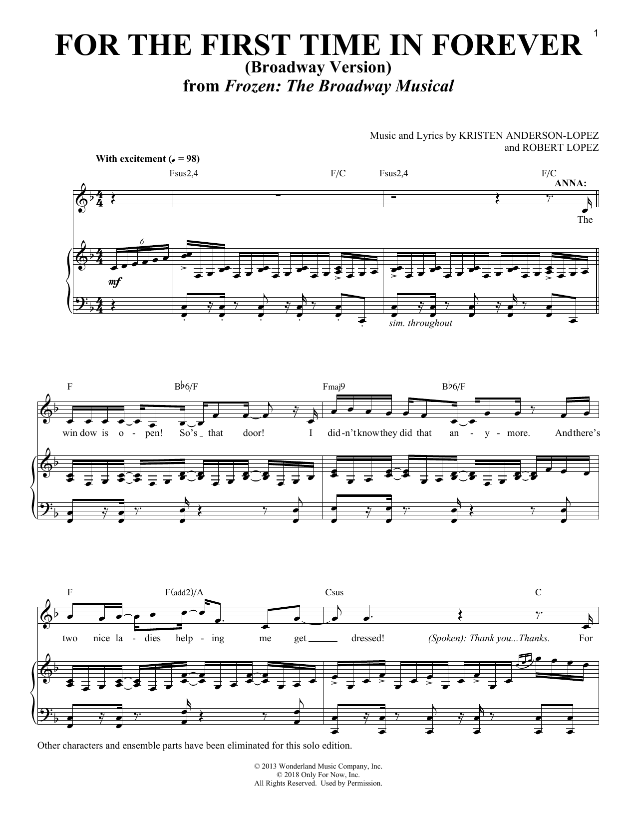 Kristen Anderson-Lopez & Robert Lopez For The First Time In Forever [Solo version] (from Frozen: The Broadway Musical) sheet music notes and chords arranged for Piano & Vocal