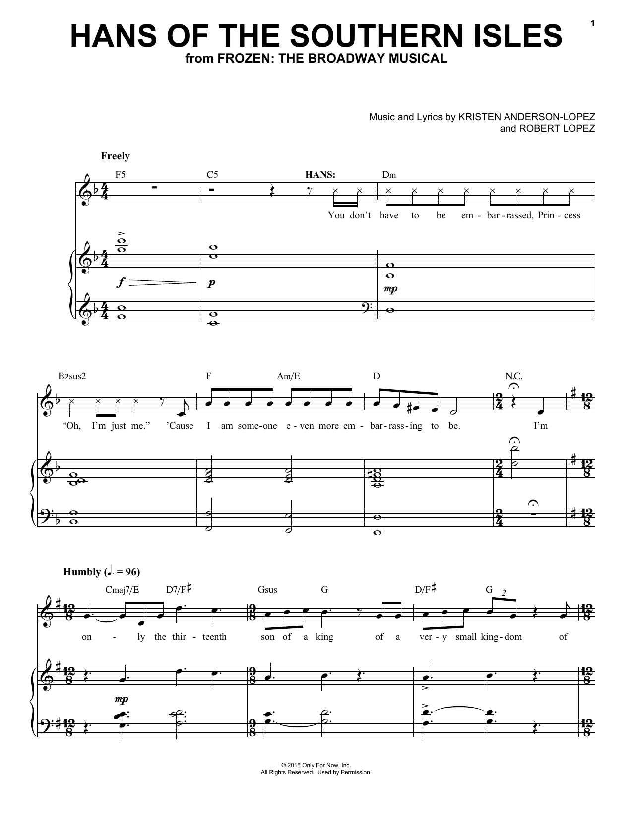 Kristen Anderson-Lopez & Robert Lopez Hans Of The Southern Isles (from Frozen: The Broadway Musical) sheet music notes and chords arranged for Piano & Vocal