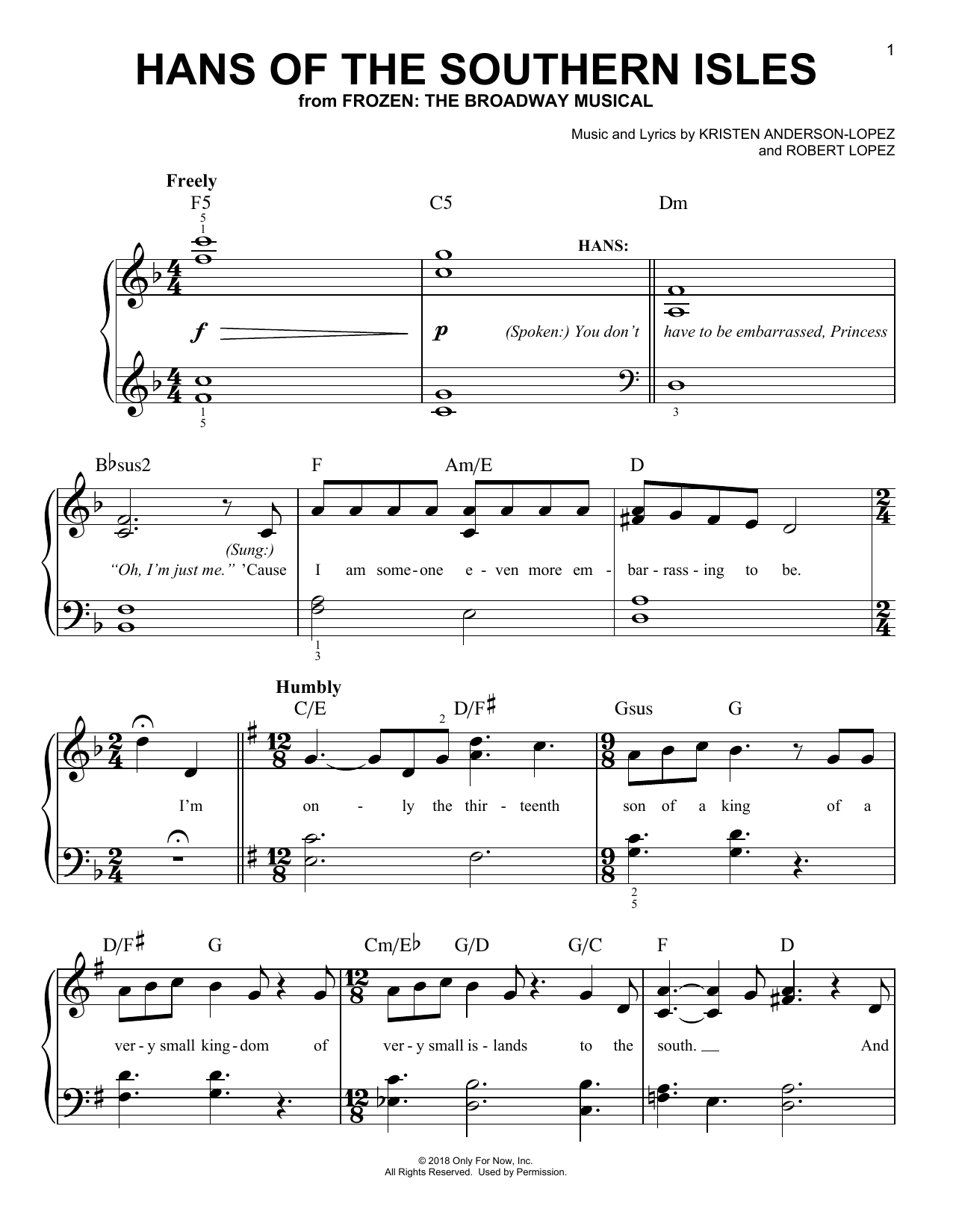 Kristen Anderson-Lopez & Robert Lopez Hans Of The Southern Isles (from Frozen: The Broadway Musical) sheet music notes and chords arranged for Easy Piano