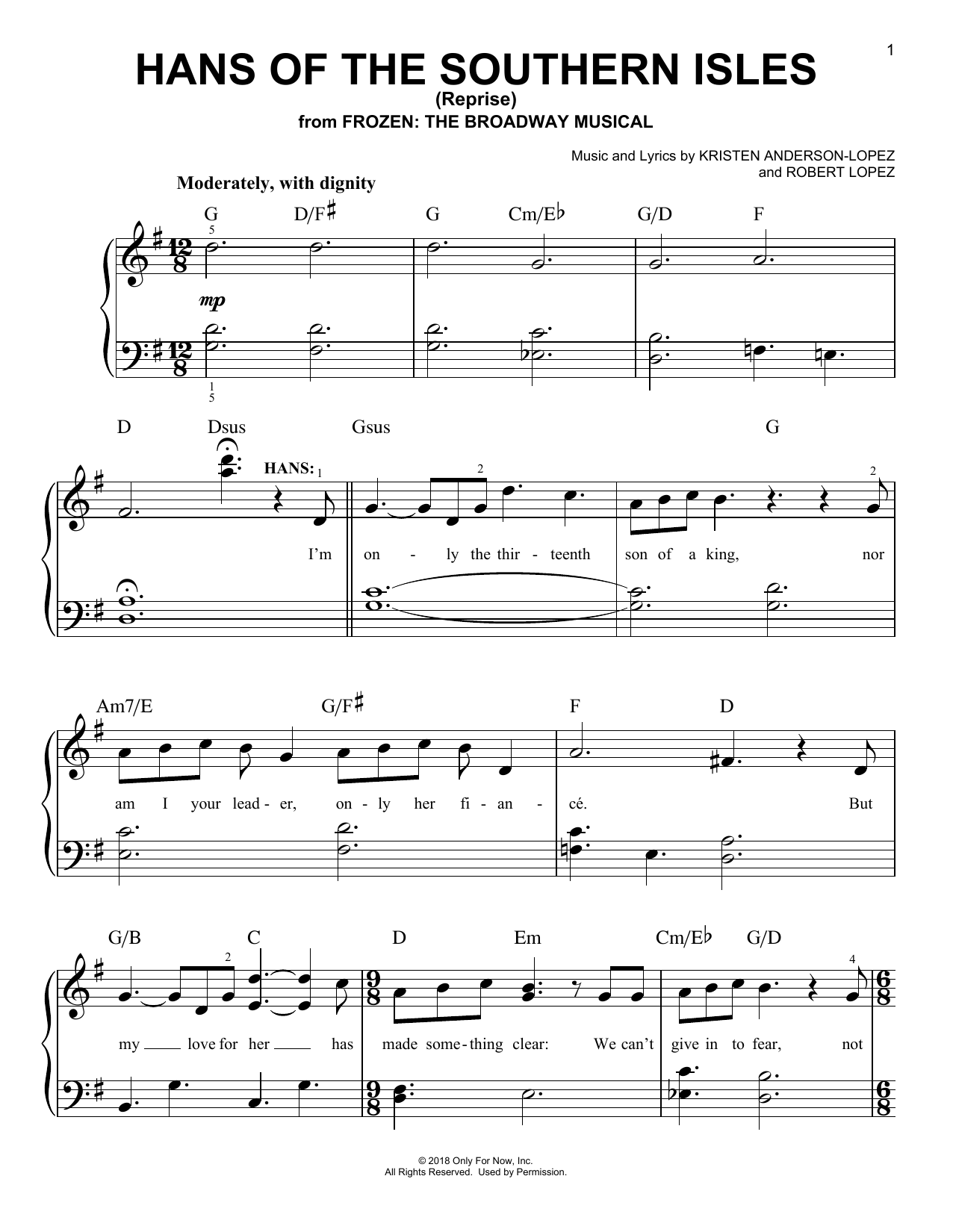 Kristen Anderson-Lopez & Robert Lopez Hans Of The Southern Isles (Reprise) (from Frozen: The Broadway Musical) sheet music notes and chords arranged for Easy Piano