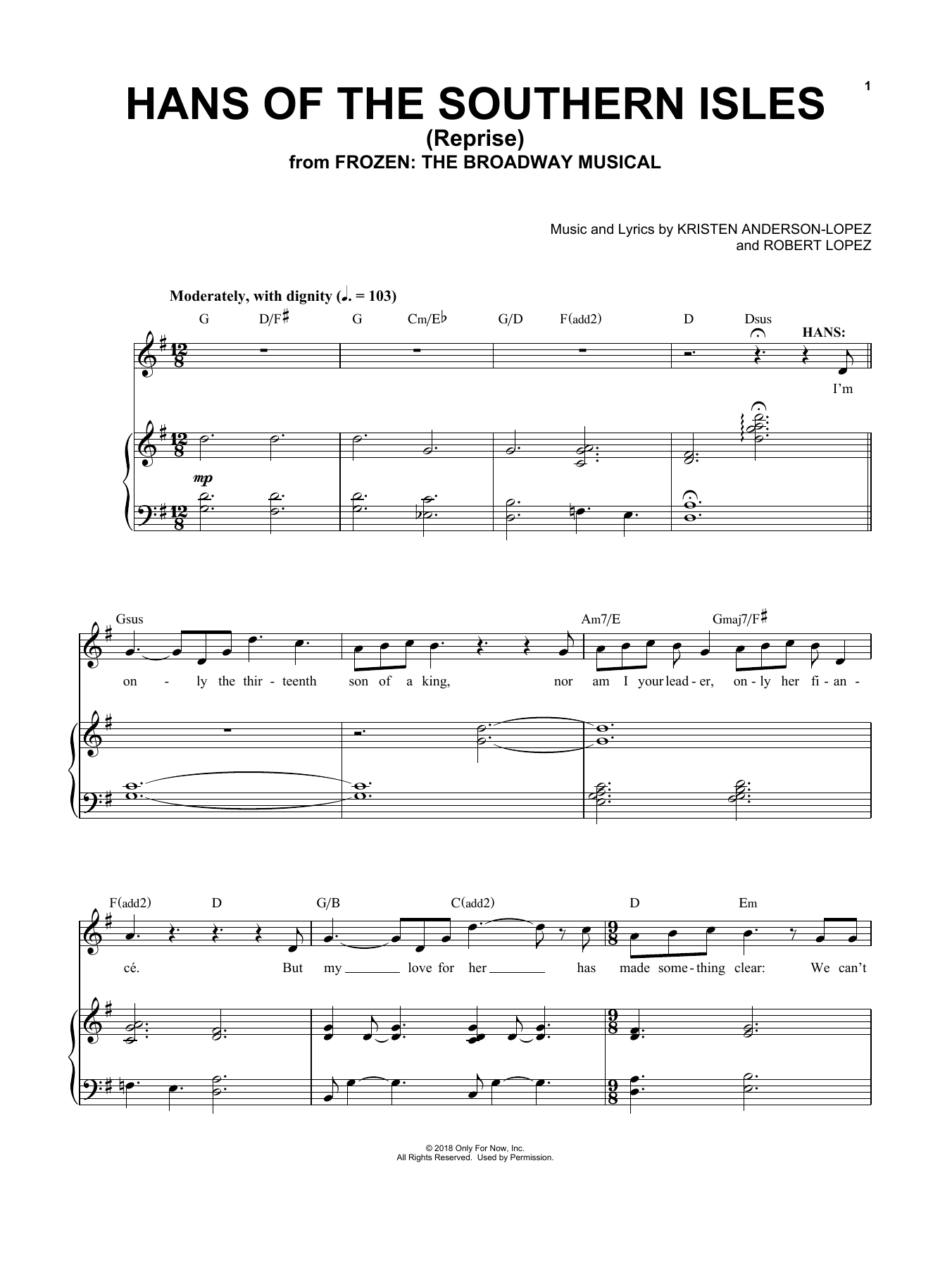 Kristen Anderson-Lopez & Robert Lopez Hans Of The Southern Isles (Reprise) sheet music notes and chords arranged for Piano & Vocal