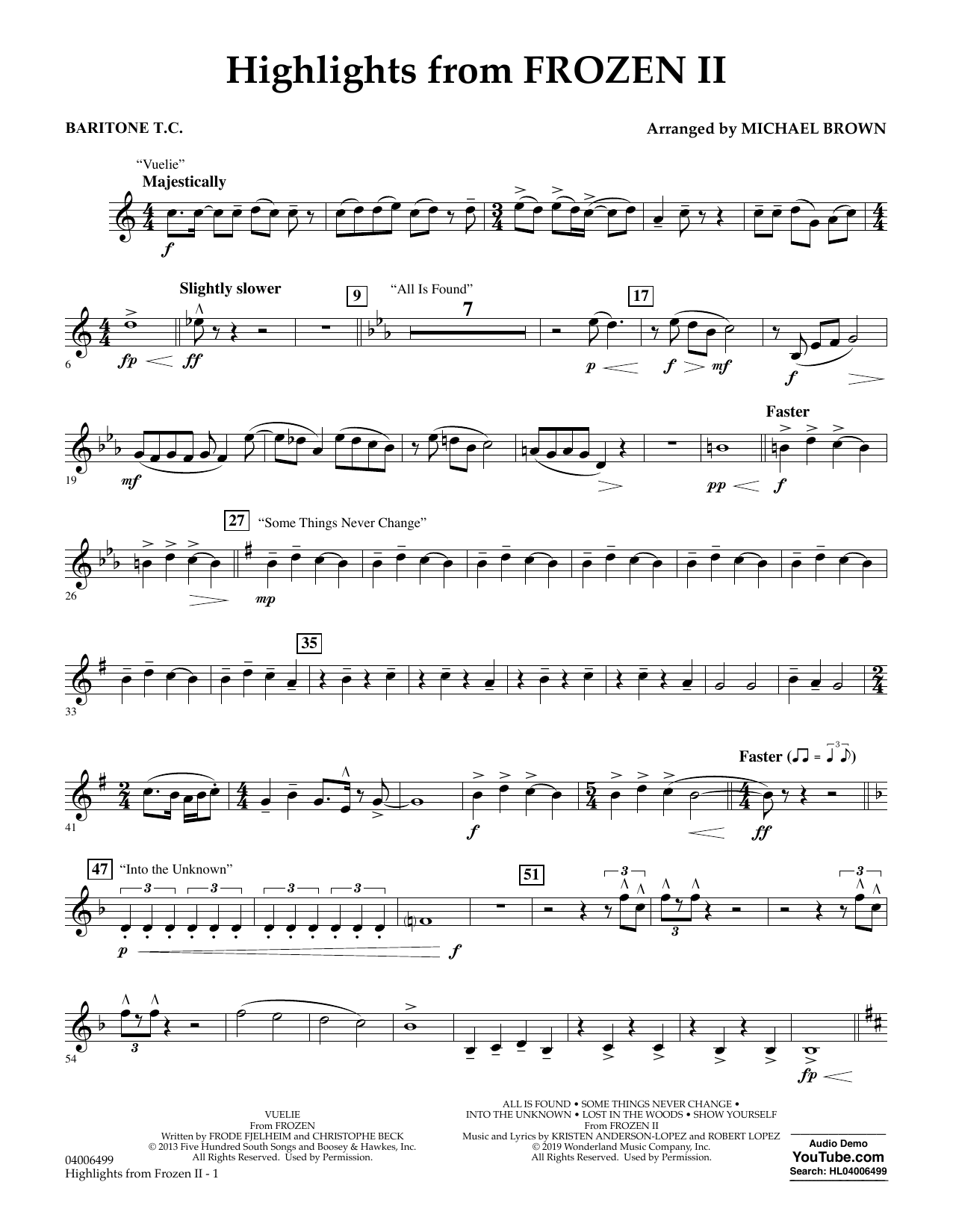 Kristen Anderson-Lopez & Robert Lopez Highlights from Disney's Frozen 2 (arr. Michael Brown) - Baritone T.C. sheet music notes and chords arranged for Concert Band