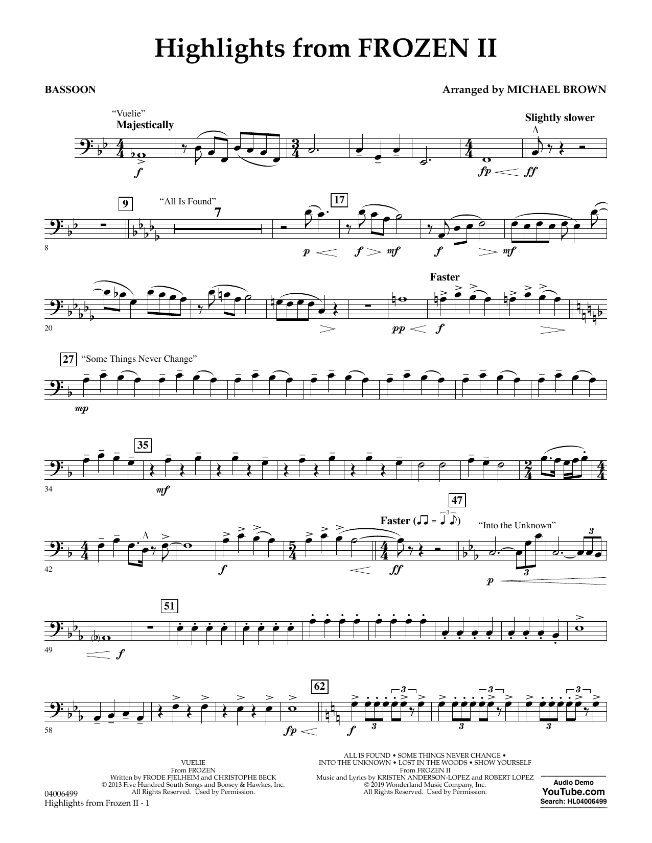 Kristen Anderson-Lopez & Robert Lopez Highlights from Disney's Frozen 2 (arr. Michael Brown) - Bassoon sheet music notes and chords arranged for Concert Band