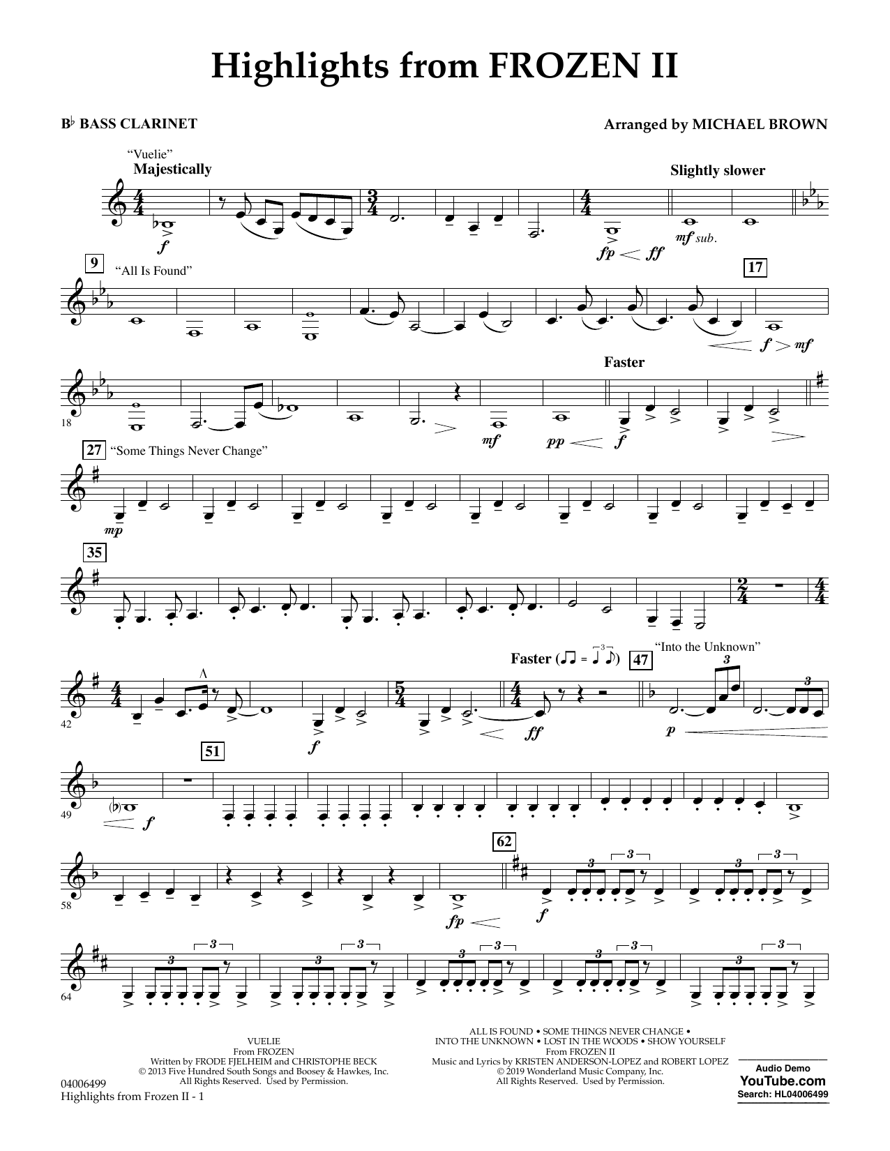Kristen Anderson-Lopez & Robert Lopez Highlights from Disney's Frozen 2 (arr. Michael Brown) - Bb Bass Clarinet sheet music notes and chords arranged for Concert Band