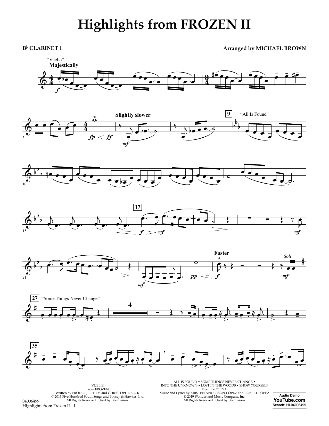 Kristen Anderson-Lopez & Robert Lopez Highlights from Disney's Frozen 2 (arr. Michael Brown) - Bb Clarinet 1 sheet music notes and chords arranged for Concert Band