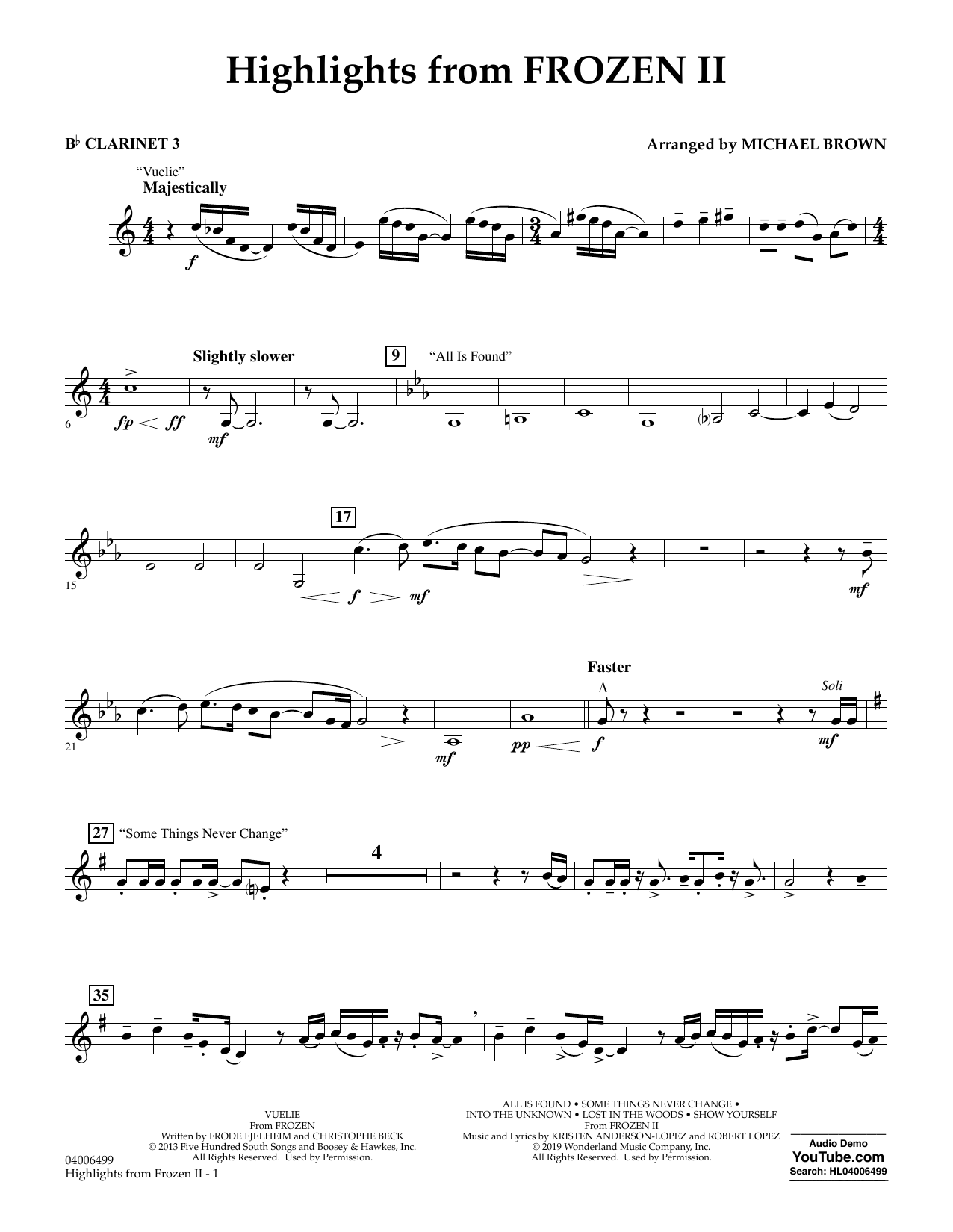 Kristen Anderson-Lopez & Robert Lopez Highlights from Disney's Frozen 2 (arr. Michael Brown) - Bb Clarinet 3 sheet music notes and chords arranged for Concert Band