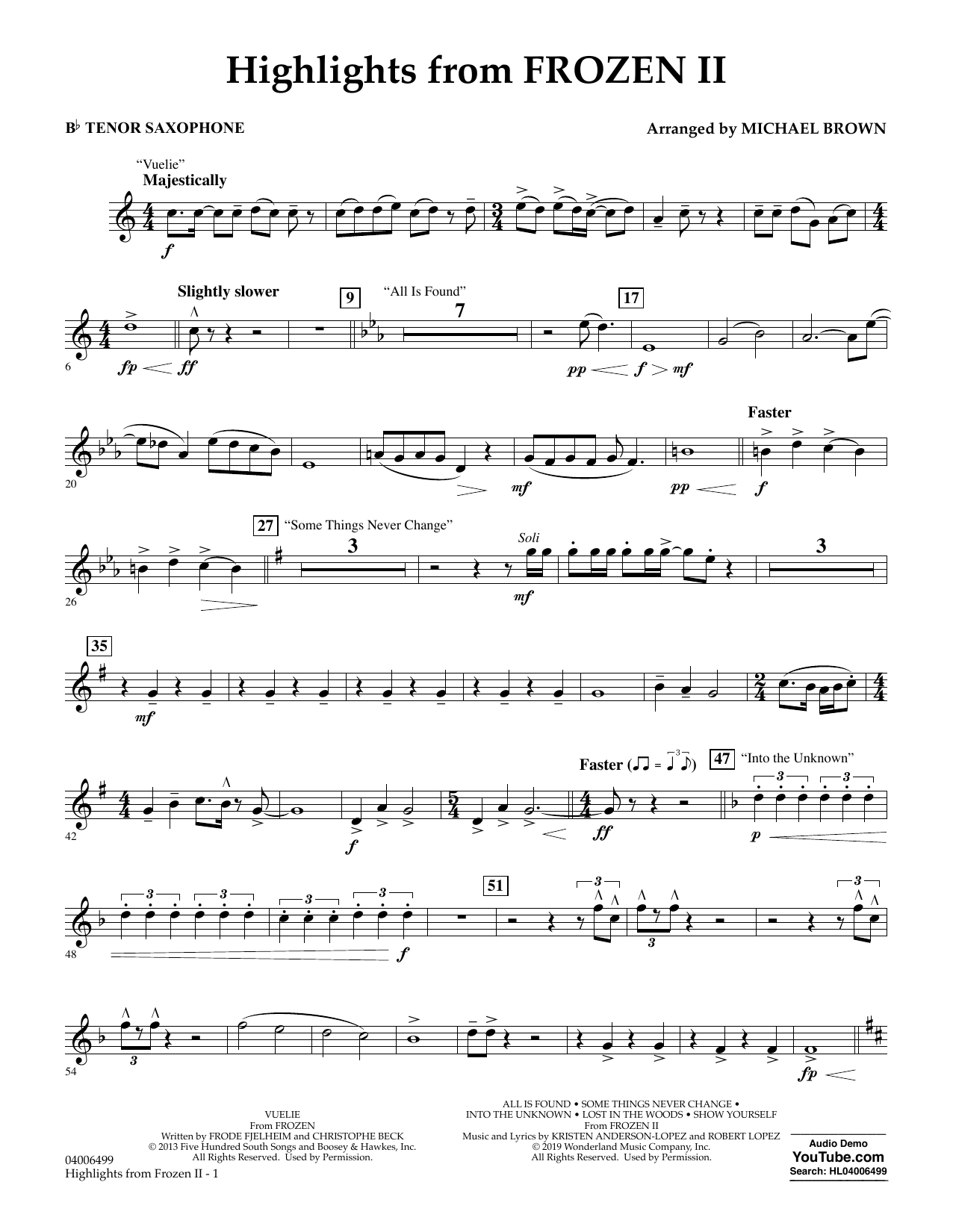 Kristen Anderson-Lopez & Robert Lopez Highlights from Disney's Frozen 2 (arr. Michael Brown) - Bb Tenor Saxophone sheet music notes and chords arranged for Concert Band