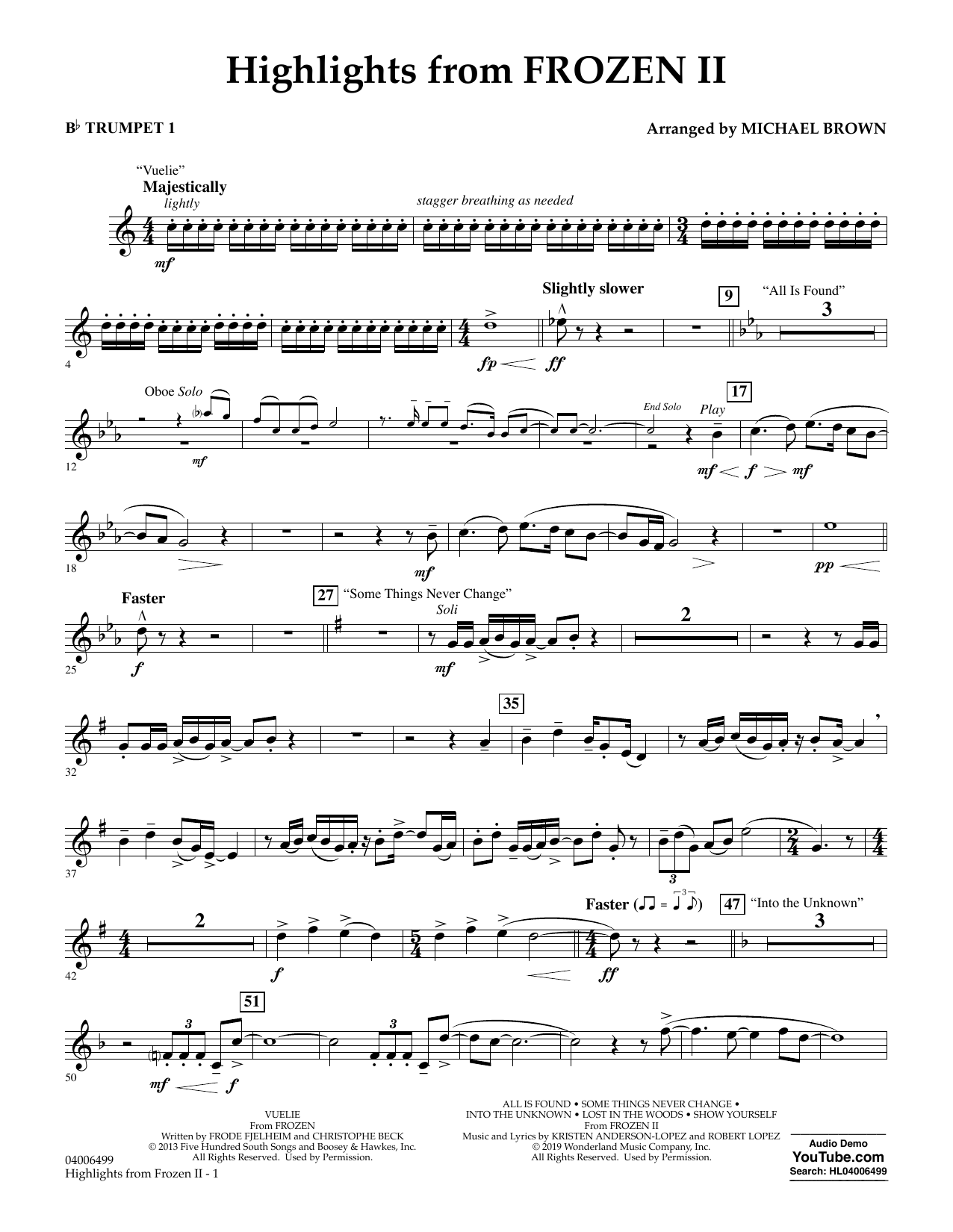 Kristen Anderson-Lopez & Robert Lopez Highlights from Disney's Frozen 2 (arr. Michael Brown) - Bb Trumpet 1 sheet music notes and chords arranged for Concert Band
