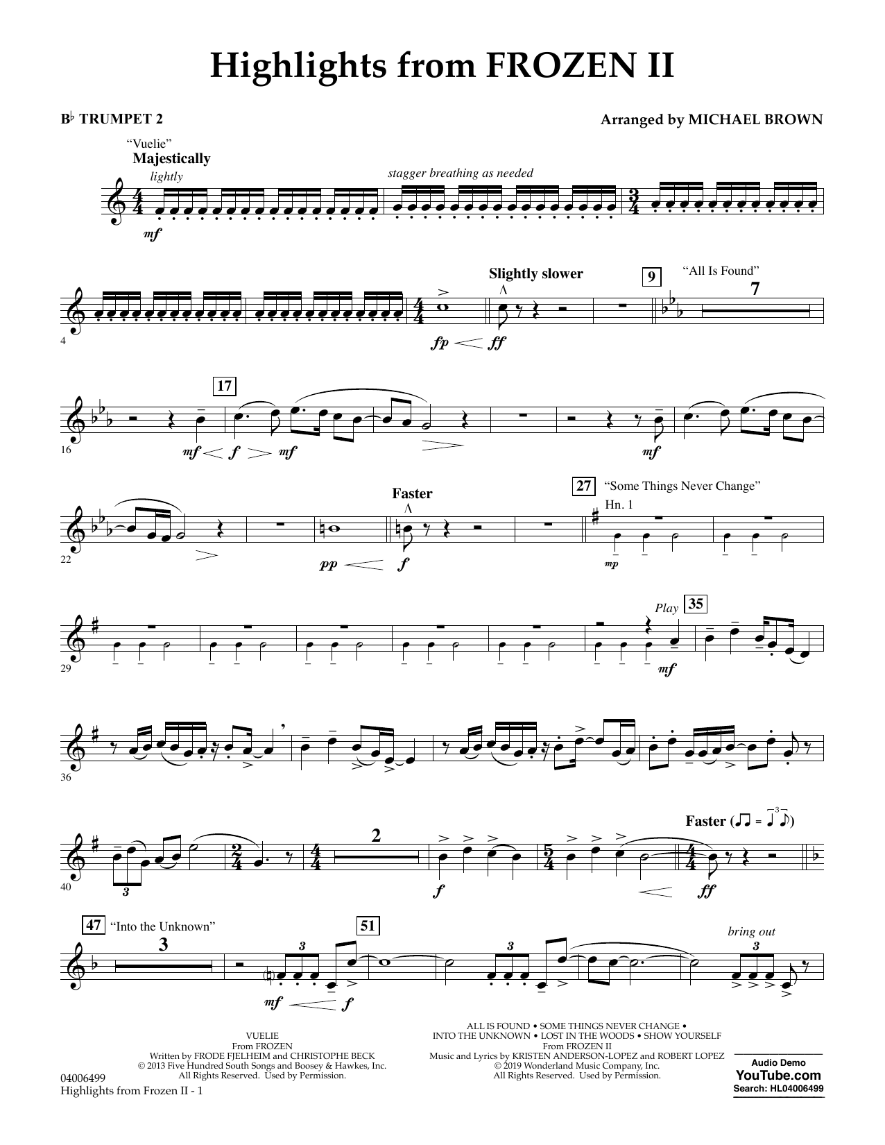 Kristen Anderson-Lopez & Robert Lopez Highlights from Disney's Frozen 2 (arr. Michael Brown) - Bb Trumpet 2 sheet music notes and chords arranged for Concert Band
