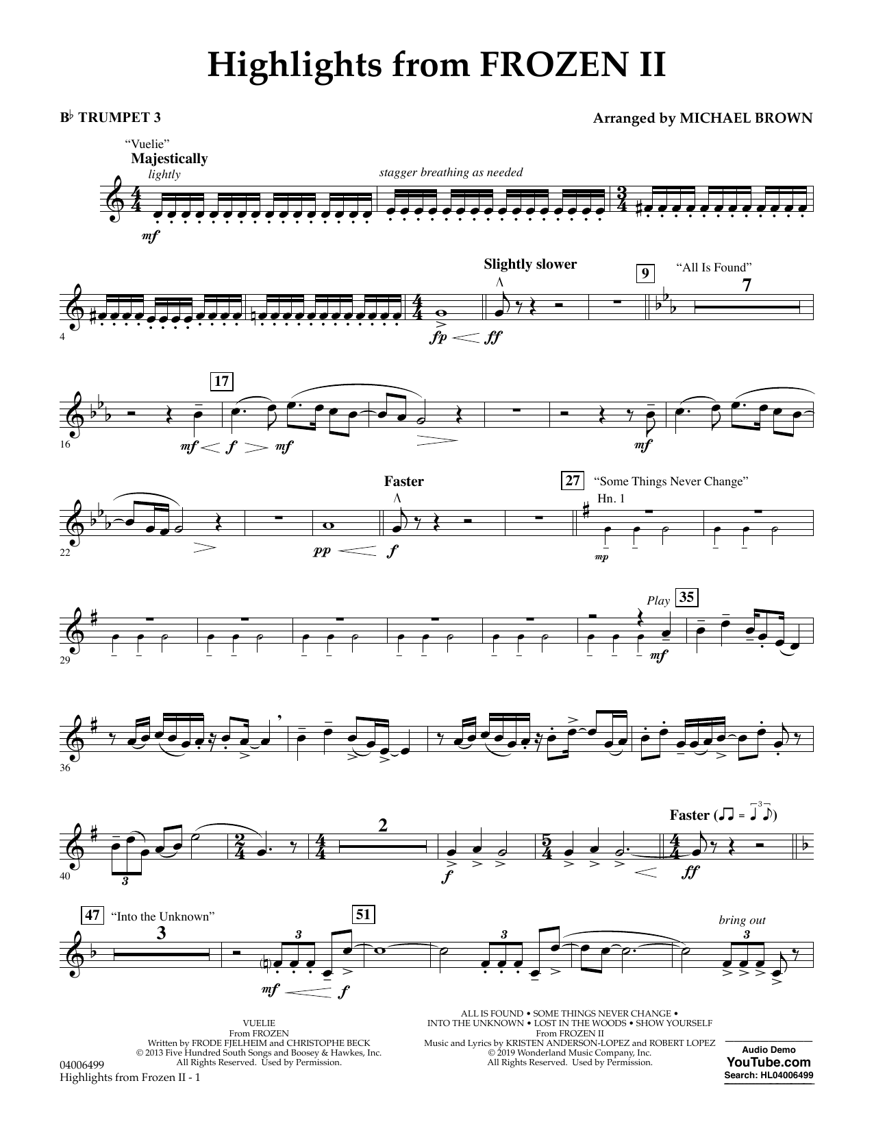 Kristen Anderson-Lopez & Robert Lopez Highlights from Disney's Frozen 2 (arr. Michael Brown) - Bb Trumpet 3 sheet music notes and chords arranged for Concert Band